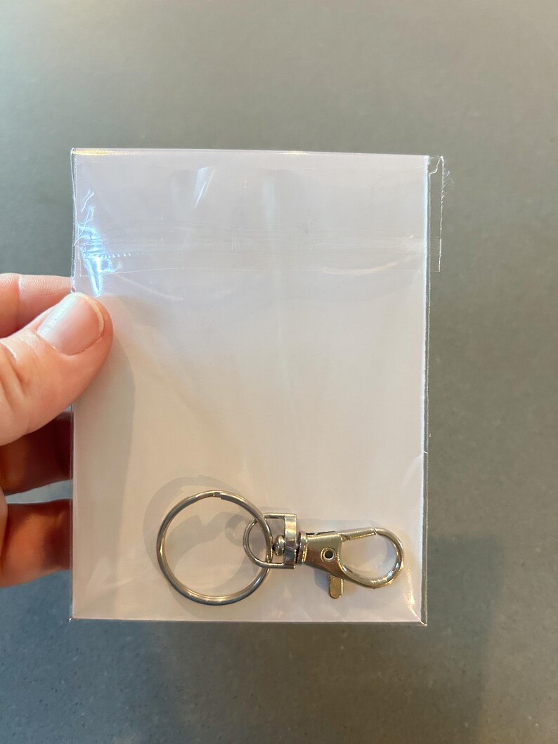 May include: A silver-colored keychain with a clasp and a key ring is attached to a white card, all sealed in a clear plastic bag. The keychain is made of metal and has a shiny finish. The background is a neutral gray.