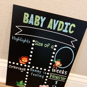 K&ouml;nnte beinhalten: Schwarze Tafel mit wei&szlig;em Text, der "BABY AVDIC" lautet. Die Tafel ist mit Tierillustrationen und einem blauen Kreis verziert. Der Text enth&auml;lt auch "Highlights", "Gr&ouml;&szlig;e von einem", "Gel&uuml;ste", "Mama f&uuml;hlt sich", "Wochen" und "Trimester".