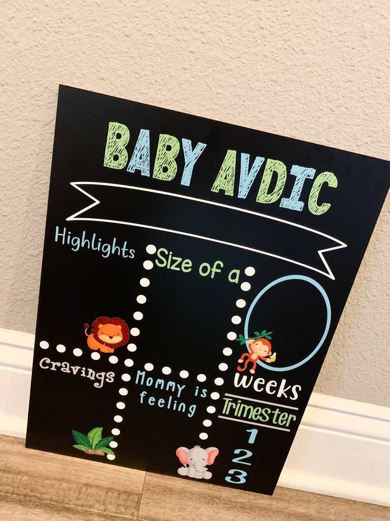 K&ouml;nnte beinhalten: Schwarze Tafel mit wei&szlig;em Text, der "BABY AVDIC" lautet. Die Tafel ist mit Tierillustrationen und einem blauen Kreis verziert. Der Text enth&auml;lt auch "Highlights", "Gr&ouml;&szlig;e von einem", "Gel&uuml;ste", "Mama f&uuml;hlt sich", "Wochen" und "Trimester".