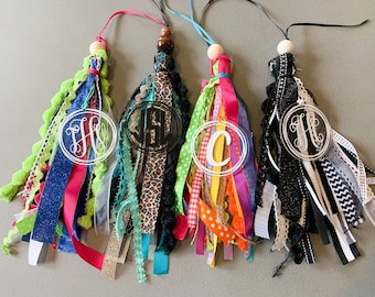 Tote Bag Tassel, Monogram bag charm, backpack tag, acrylic monogram bag tag, ribbon bag tag, bag tag personalized, beach bag tassels