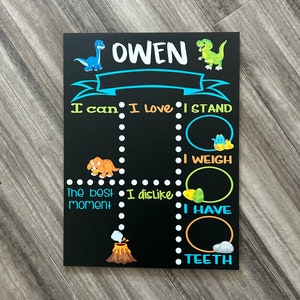 Puede incluir: Una pizarra negra con tem&aacute;tica de dinosaurios. La pizarra tiene una pancarta azul con el nombre Owen escrito en blanco. Hay espacios para completar informaci&oacute;n sobre Owen, como lo que puede hacer, lo que le gusta y cu&aacute;nto pesa. La pizarra est&aacute; decorada con ilustraciones de dinosaurios.