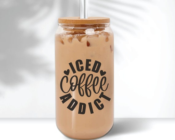 Iced Coffee Addict Clear Beer Can Glass With Lid and Straw, Iced