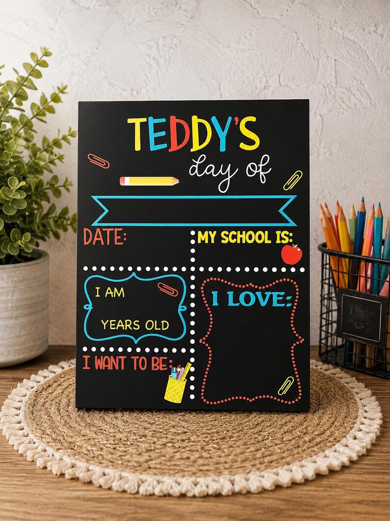 May include: A black rectangular school-themed sign with colorful text and graphics. It features the heading TEDDY'S day of, with fillable sections for date, school, age, interests, and future career goals, decorated with pencils, paperclips, and an apple.