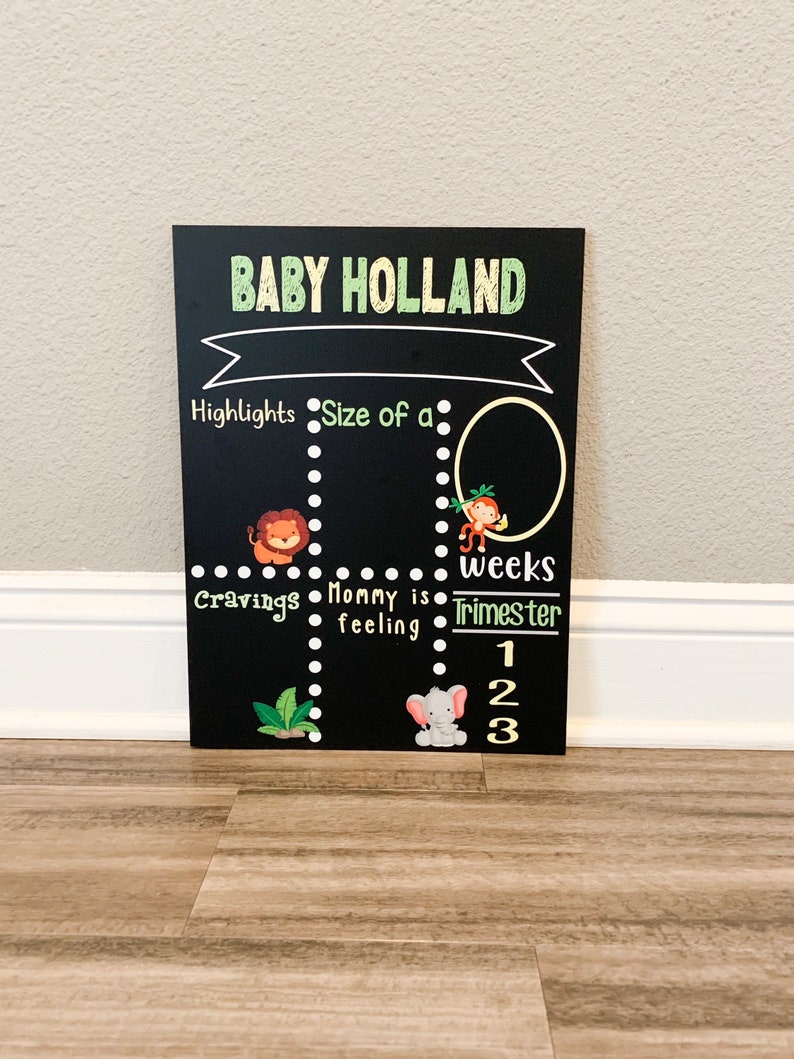K&ouml;nnte beinhalten: Schwarze Tafel mit wei&szlig;em Text, der "BABY HOLLAND" lautet. Die Tafel ist in Abschnitte mit den &Uuml;berschriften "Highlights", "Gr&ouml;&szlig;e von einem", "Gel&uuml;ste", "Mama f&uuml;hlt sich" und "Trimester" unterteilt. Es gibt Illustrationen von einem L&ouml;wen, einem Affen und einem Elefanten.