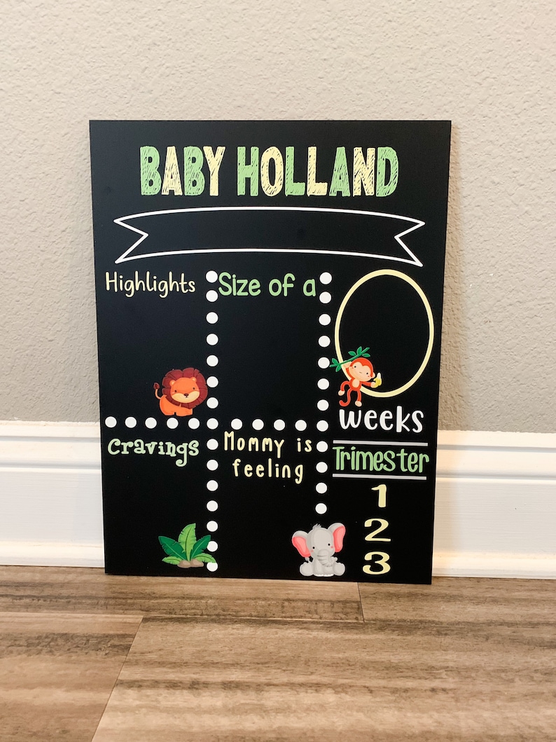 K&ouml;nnte beinhalten: Schwarze Tafel mit dem Text "BABY HOLLAND" in gelben und gr&uuml;nen Buchstaben. Die Tafel ist in vier Abschnitte unterteilt: Highlights, Gr&ouml;&szlig;e von einem, Gel&uuml;ste und Mama f&uuml;hlt sich. Jeder Abschnitt hat eine gepunktete Linie und eine entsprechende Tierillustration. Der untere Abschnitt hat den Text "Wochen" und "Trimester" mit den Zahlen 1, 2 und 3.