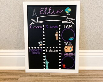 Travel themed baby milestone board, reusable baby milestone, travel baby gift, monthly baby chalkboard, baby stats chalkboard sign