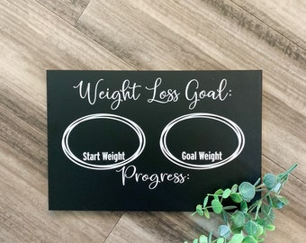 May include: A rectangular black sign with white text that reads Weight Loss Goal: with two white oval outlines containing the text Start Weight and Goal Weight, and the word Progress: below, accompanied by a small green artificial plant sprig.