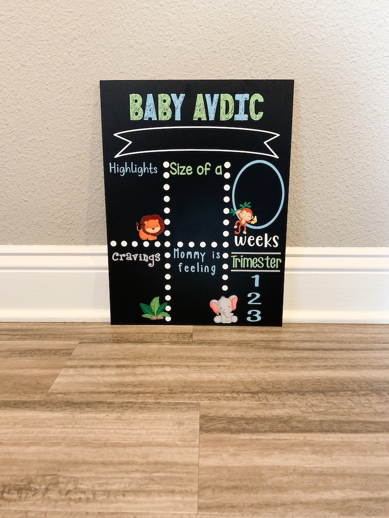 K&ouml;nnte beinhalten: Schwarze Tafel mit dem Text "BABY AVDIC" in gr&uuml;ner und blauer Schrift. Die Tafel ist in Abschnitte mit den &Uuml;berschriften "Highlights", "Gr&ouml;&szlig;e von einem", "Gel&uuml;ste" und "Mama f&uuml;hlt sich" unterteilt. Es gibt Illustrationen von einem L&ouml;wen, einem Affen und einem Elefanten.