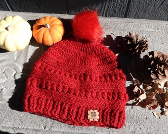 Handmade Red Hat with removable fur ball