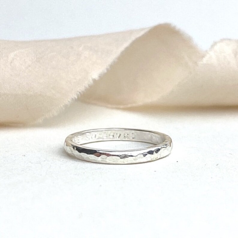 The Mite Personalised Stacking Ring hand stamped monogram and name jewellery sterling silver personalised textured skinny stacking ring