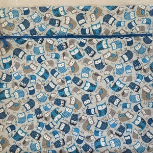 May include: A rectangular, zippered pouch featuring a repeating pattern of owls in shades of blue, gray, and white. The owls have various designs and expressions. The zipper is a contrasting blue.