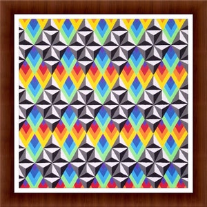 May include: Abstract geometric pattern with black, white, yellow, orange, red, green, blue, and purple triangles and diamonds.