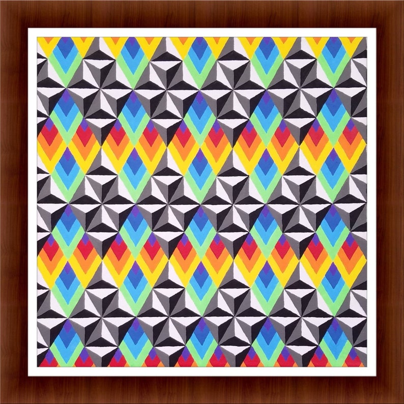 May include: Abstract geometric pattern with black, white, yellow, orange, red, green, blue, and purple triangles and diamonds.