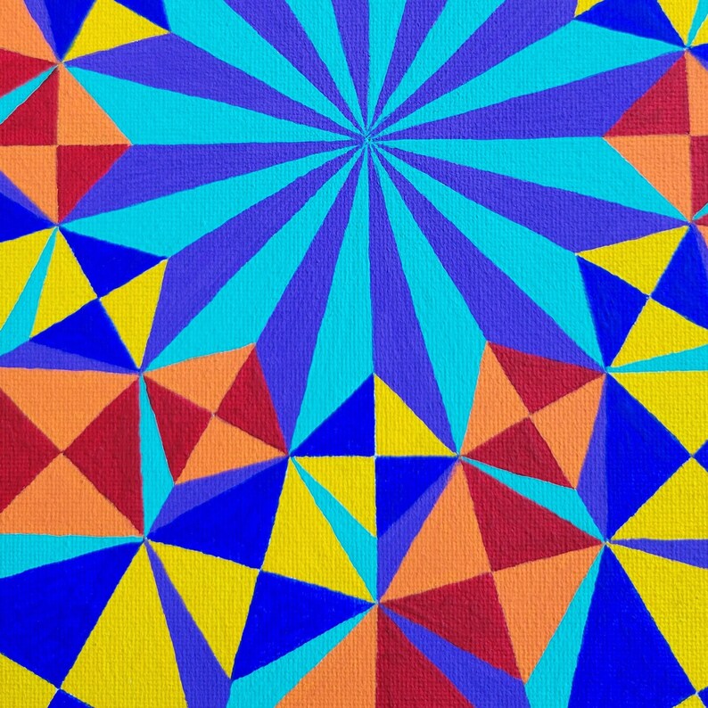 May include: Abstract geometric pattern with a blue, purple, orange, yellow, and red color scheme. The pattern is made up of triangles and squares.