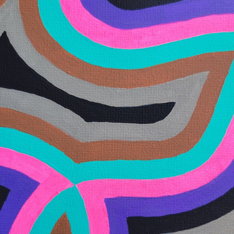 May include: Abstract painting with colorful, wavy lines in shades of pink, purple, turquoise, brown, and black.