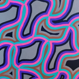 May include: Abstract painting with a repeating pattern of wavy lines in shades of gray, pink, teal, purple, and black.