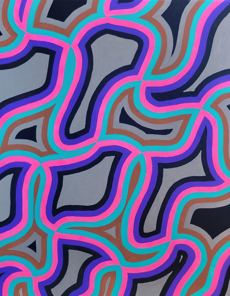 May include: Abstract painting with a repeating pattern of wavy lines in shades of gray, pink, teal, purple, and black.