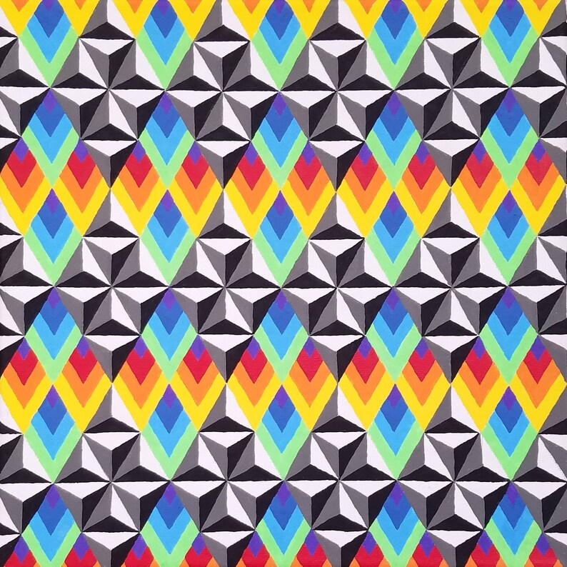 May include: A repeating geometric pattern with black, white, yellow, orange, red, green, blue, and purple triangles. The pattern creates an optical illusion of depth.