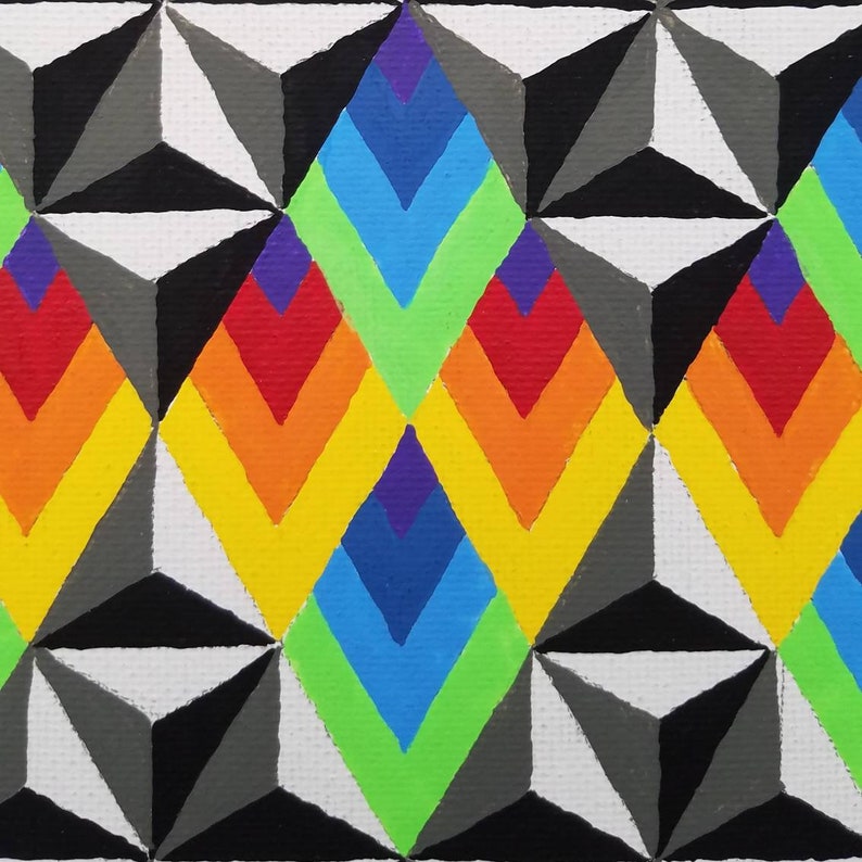 May include: Abstract geometric pattern with a repeating design of colorful diamonds and black and white triangles. The diamonds are made up of a rainbow of colors, including red, orange, yellow, green, blue, and purple.