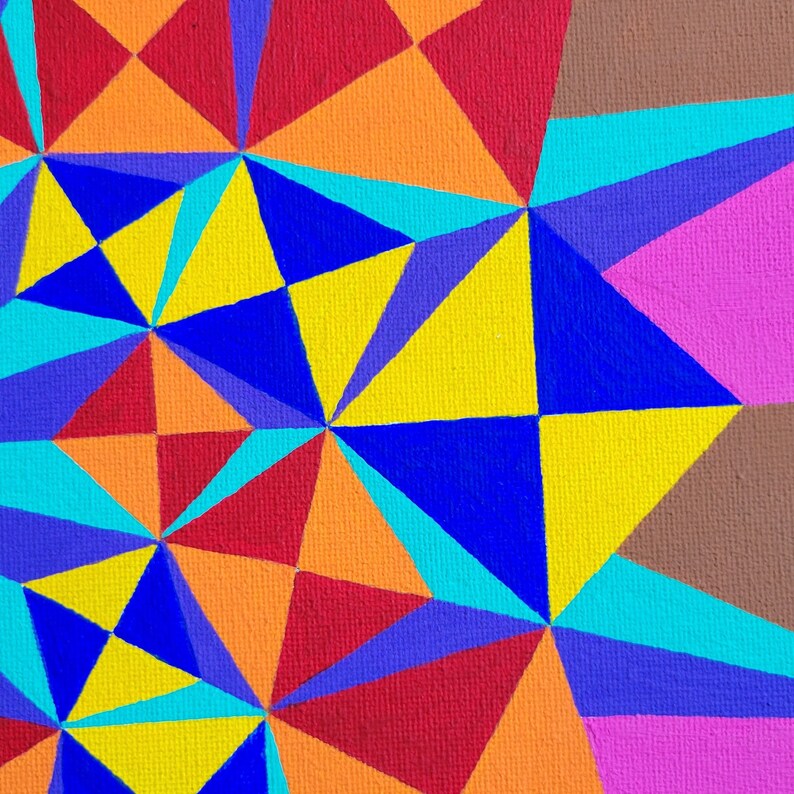 May include: Abstract geometric painting with a colorful design of triangles in shades of red, orange, yellow, blue, purple, pink, and brown.
