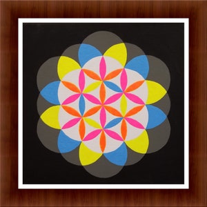 May include: A colorful geometric design with overlapping circles in shades of blue, yellow, orange, and pink on a black background.