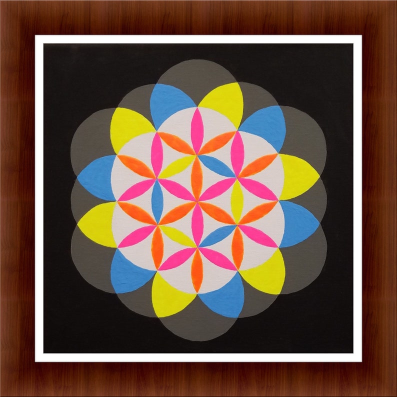 May include: A colorful geometric design with overlapping circles in shades of blue, yellow, orange, and pink on a black background.