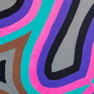 May include: Abstract painting with wavy lines in shades of gray, purple, pink, turquoise, and brown.