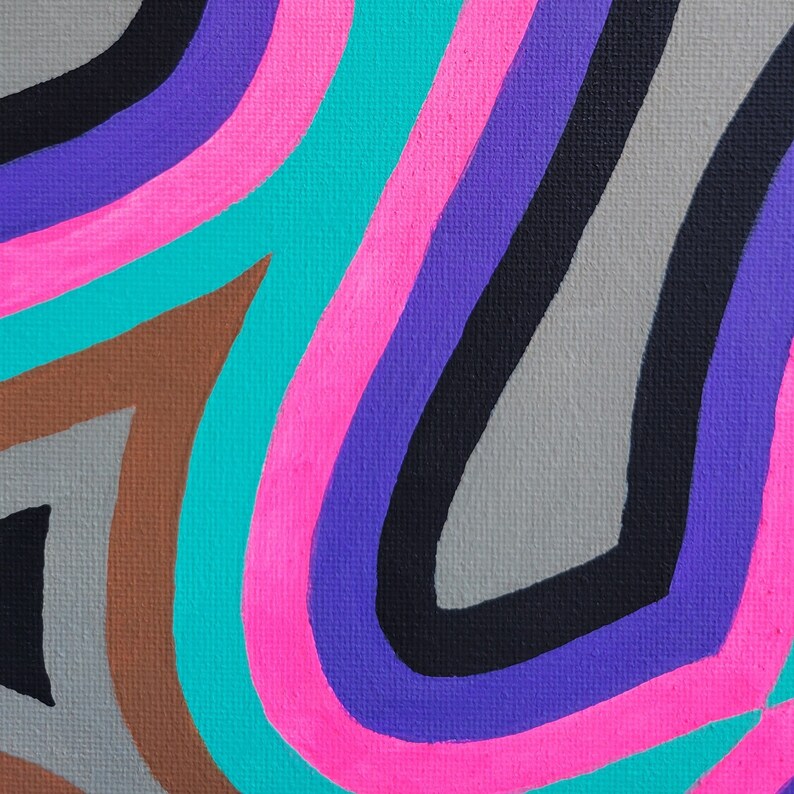 May include: Abstract painting with wavy lines in shades of gray, purple, pink, turquoise, and brown.