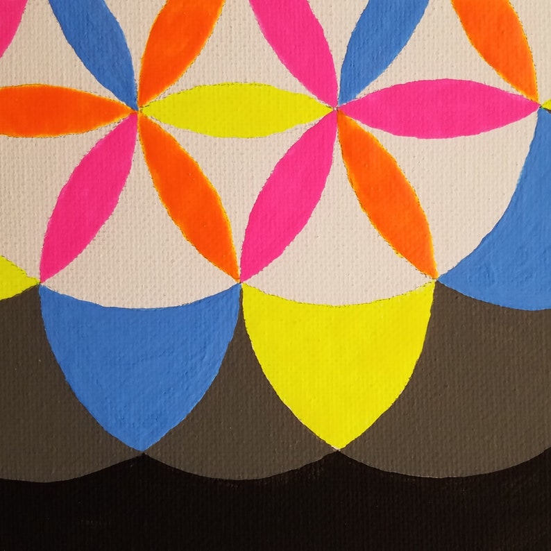 May include: A colorful geometric pattern with overlapping circles in shades of blue, orange, yellow, and pink. The pattern is painted on a white canvas with a black background.
