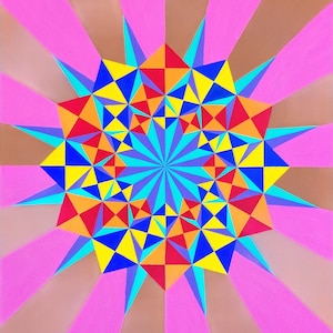 May include: Abstract geometric art print with a colorful starburst design. The starburst is made up of triangles in shades of blue, red, yellow, and orange. The background is a gradient of pink and brown.