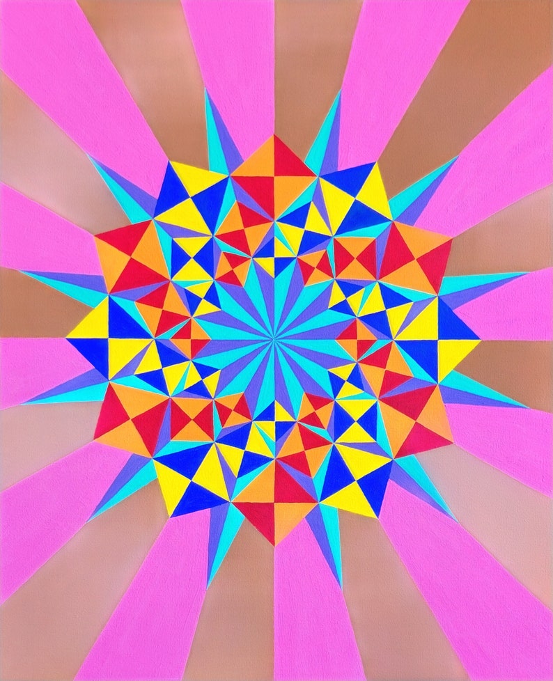 May include: Abstract geometric art print with a colorful starburst design. The starburst is made up of triangles in shades of blue, red, yellow, and orange. The background is a gradient of pink and brown.