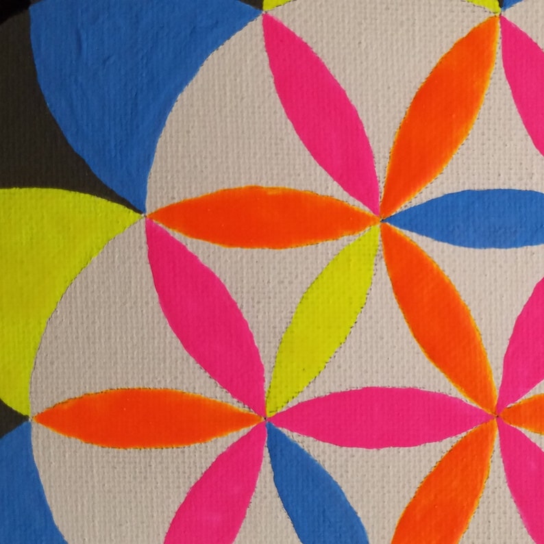 May include: A geometric pattern with overlapping circles in shades of blue, yellow, pink, and orange. The pattern is painted on a white canvas.