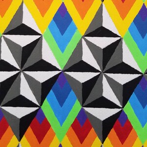 May include: Abstract geometric pattern with black, white, gray, red, orange, yellow, green, blue, and purple colors. The pattern is made up of overlapping triangles and diamonds.