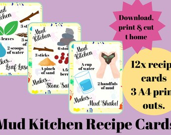 May include: Twelve printable recipe cards for making mud kitchen recipes. The cards feature colorful illustrations and instructions for making Leaf Lasagna, Stone Salad, and Mud Shake.