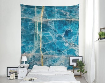 Apatite mineral wall hanging, fabric wall decor with a macro photograph of a blue mineral. For boho decoration or cool room. MW138
