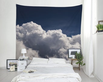Cloudscape tapestry under a navy blue sky, dorm wall art or photo backdrop. Fabric wall hanging with clouds. MG069