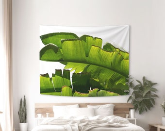 Tropical tapestry of Banana leaves printed on quality cotton fabric. Bohemian wall decor in green color for a coastal ambience. MG047EU