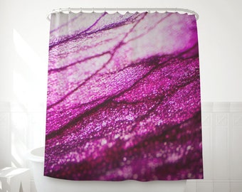 Eye-catching fabric shower curtain. Microscopic photo of a flower petal for an avant-garde and modern decoration in shades of fuchsia. MG037