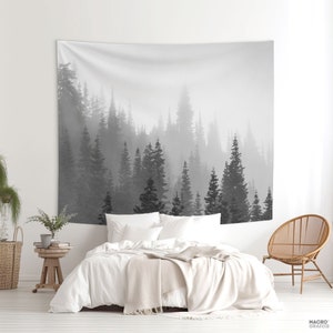 Tree tapestry wall hanging, Zoom background, Nature decoration Fabric wall art, Boho chic, Washington state, Pine trees forest art. MW004