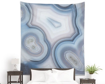 Blue Agate wall tapestry, Mineral art decor, Blue abstract decoration for rooms or events, Modern tapestry, Photo fabric print. MW101