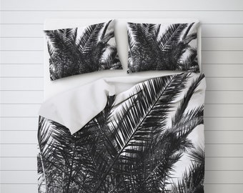 Tropical duvet cover, Black and white palm tree decor, Beach house bed, Dorm decoration, Home decoration, Tropical Bedding. MG031A