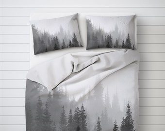 Tree duvet cover, Black and white bedroom decor of pine trees and fog landscape, Nature decoration, Tree bedding, Dorm decorations. MW004