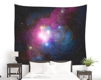 Space tapestry in purple and blue colors. Large wall art for dorm room decor or Zoom background. UL052