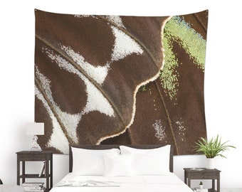 Close up of a brown butterfly wing printed on a tapestry or backdrop. Wall Hanging inspired by nature. MW165
