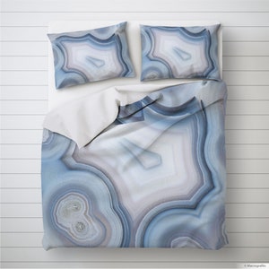 Blue agate bedding, Mineral art duvet cover, Brazilian agate print, Blue duvet set with pillow shams, King duvet covers. MW101