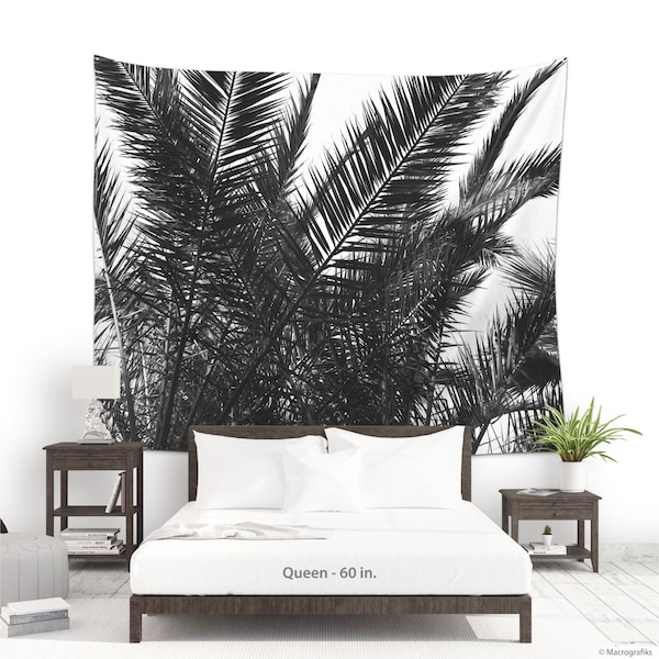 Palm tree tapestry in Black and white, Large wall art, Tropical decor, Palm leaf art, Summer tapestry, Tropical wall hanging fabric. MG031A