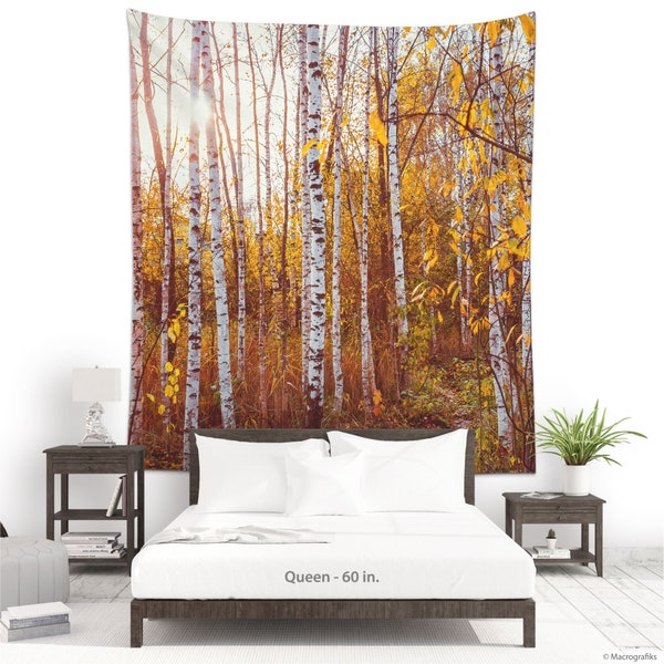 Birch trees wall tapestry for a nature wall decor, Golden forest large wall art printed in fabric for a boho style. UL077