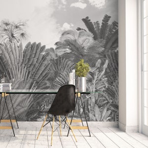 Vintage illustration wall mural, Self adhesive Tropical wallpaper, Black and white wall decor, Large wall art for a Tropical decor. SP057B image 2