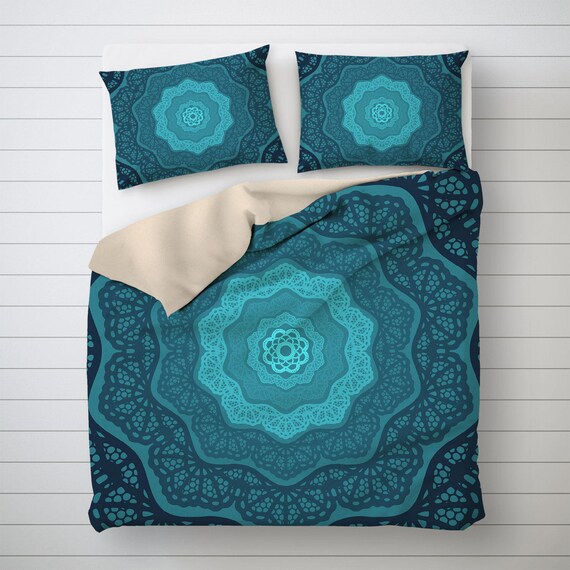 Blue Mandala Duvet Cover Queen Geometric Art Mandala Etsy