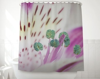 Fabric shower curtain to decorate your bathroom with this close-up of a white lily, with pink and green details. Alstroemeria lovers. MW115